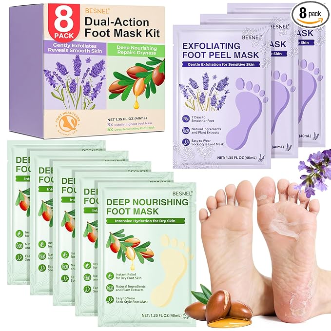 BESNEL Foot Peeling 3Pcs ＆ 5Pcs Moisturizing Foot Mask, Exfoliator Peel Calluses Dead Skin Callus Remover, Hydrating Foot Masks for Dry Cracked Feet, Repair Rough Heels＆Dry Skin for Baby Soft and Smooth Feet Korean face wash