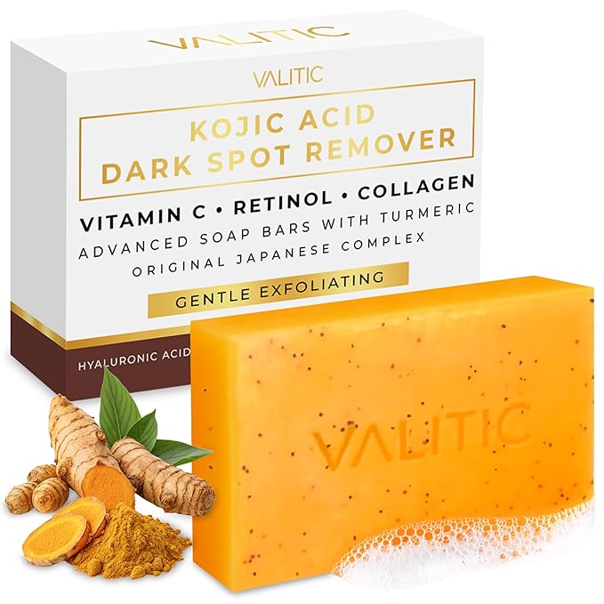 VALITIC VALITIC Kojic Acid Soap - Turmeric Soap for Dark Spots for Face and Body - Exfoliating Bar for Hyperpigmentation, Skin Tone Corrector with Retinol, Vitamin C, Collagen and Hyaluronic Acid - 1 Pack Exfoliator