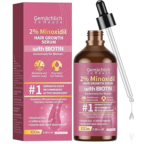 Gemächlich Zu Hause Minoxidil for Women Hair Growth with Biotin, 100ML Topical Minoxidil Serum with Rosemary for Hair Regrowth Treatments, Non-Greasy, Helps Prevent Hair Thinning & Hair Loss Solution Serum