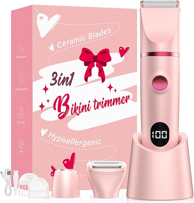 Crolanli Bikini Trimmer for Women, 3-in-1 Electric Razors for Women, IPX7 Waterproof Rechargeable Cordless Pubic Hair Shaver, with LED Display, for Ladies Bikini Pubic, Face, Underarms, Legs(Pink) skincare