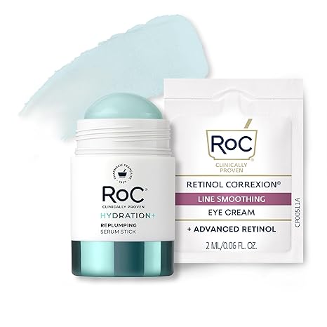 RoC RoC Hydration+ Replumping Serum Stick, Fragrance-Free, Hydrating And Cooling Hyaluronic & Peptide Formula To Boost Elasticity And Visibly Smooth Aging Skin, With Line Smooth Eye Cream Packette, 0.7oz Serum