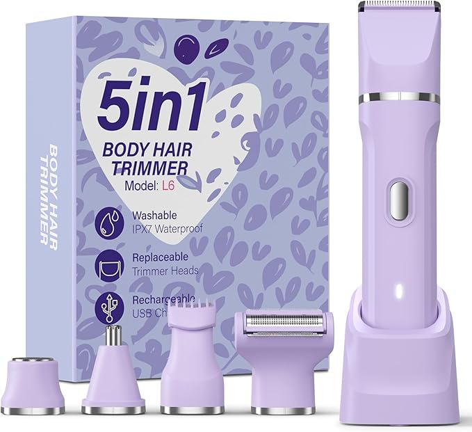 HOHOLE 5-in-1 Bikini Trimmer for Women, IPX7 Waterproof Electric Razors Shaver, Cordless Body Hair Trimmer, Facial & Pubic Hair Removal, Ceramic Blade (Purple) skincare