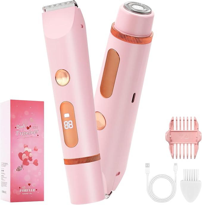 Xinvinx 2 in 1 Women Electric Shaver Dual Head Bikini Trimmer for Women IPX7 Waterproof Wet & Dry Use Body Hair Trimmer and Facial Hair Remover for Bikini Underarm Leg Arm Body Face skincare