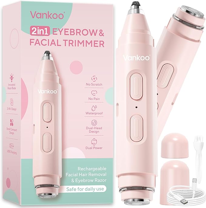 Vankoo Facial Hair Remover & Eyebrow Trimmer - 2 in 1 Eyebrow & Face Shaver for Women - Rechargeable Face Razors for Women with Built-in LED Lights - Painless Hair Removal for Flawless Skin & Makeup skincare