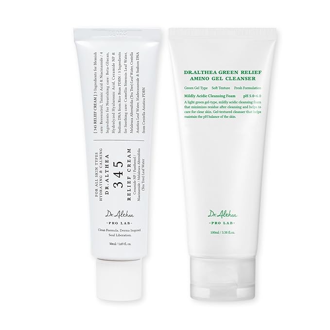 Dr.Althea Dr.Althea Cleanser & Hydration Set, 345 Relief Cream & Green Relief Amino Gel Cleanser, Soothing Recovery & Deep Cleansing, Vegan Korean Skincare Water Cleanser
