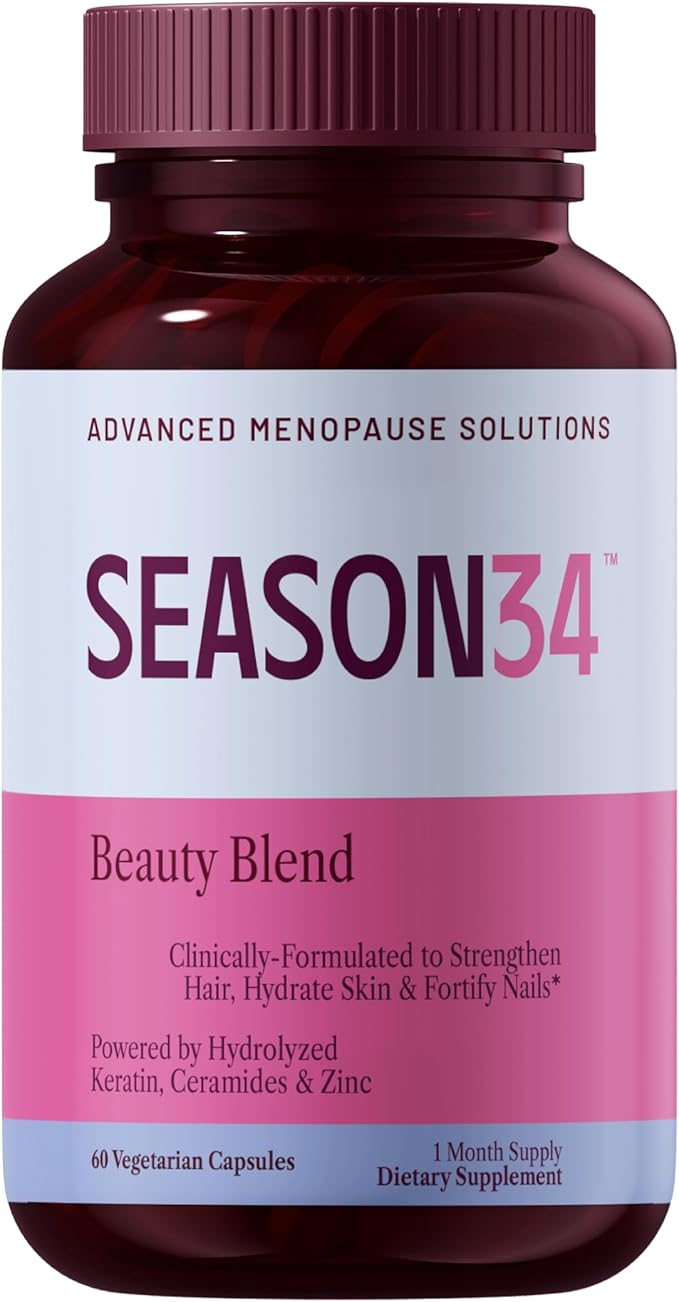 SEASON34 Menopause Beauty Blend for Women 40+ | Clinically Studied Keratin Peptides for Thinning Hair & Scalp Coverage | with Ceramides & Zinc for Skin Hydration | Hormone-Free, 60 Ct, 1 Month Supply skincare