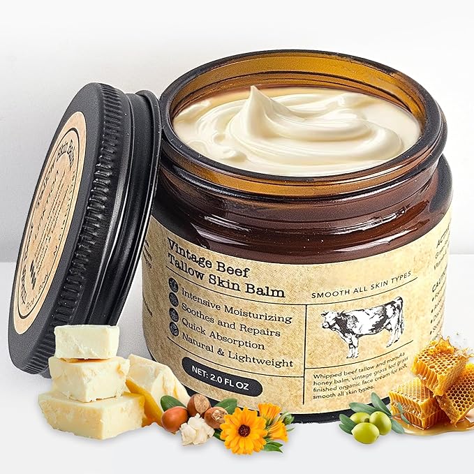 MTGBO Beef Tallow Honey Balm for Sensitive Skin:100% Organic Grass-Fed Vintage Tallow Moisturizer For Face Cracked Hands Non-Greasy Nourishing Cream With Olive Oil - Eczema Safe All Skin Types 2 oz Moisturiser