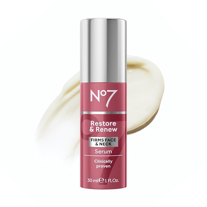 No7 No7 Restore & Renew Multi-Action Face & Neck Serum - Anti Aging Serum for Deep Wrinkle Repair - Collagen Infused Skincare with a Hydrating Blend of Hibiscus Peptides & Hyaluronic Acid (1 fl oz) Serum