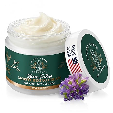 Divine Earth Skincare Tallow Moisturizer Face Cream with Bakuchiol & Hyaluronic Acid - Anti Aging Face Moisturizer for Women, Organic Grass Fed Tallow for Skin Care, Non Greasy Hand Lotion and Fragrance Free Neck Cream Moisturiser