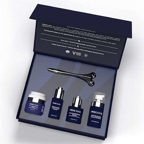 PUREANCE Pureance Mature Glow Gift Box - Beauty Skin Care Set for Women - Bakuchiol Plumping Serum, Dark Spot Corrector, Under Eye Cream, Hydrating Serum, Derma Roller - Facial Skincare Routine Exfoliator