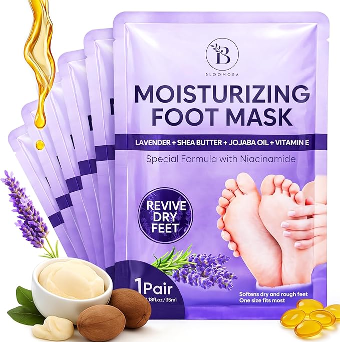 BLOOMORA 6 Pack Moisturizing Foot Mask for Dry Cracked Feet, Restoring & Hydrating Socks with Lavender, Shea Butter, Jojoba Oil & Vitamin E, Feet Mask for Women & Men Foot Care Korean face wash