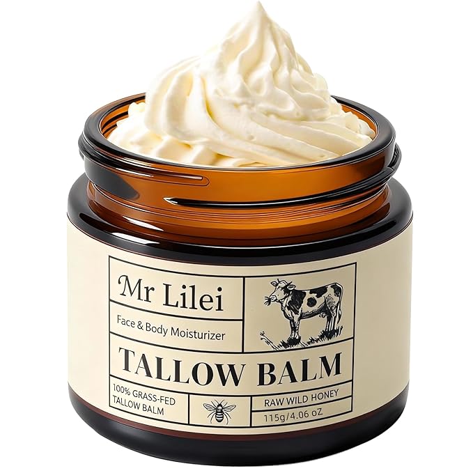 Lilei Beauty Beef Tallow for Skin, Grass-Fed Beef Tallow and Honey Balm, Whipped Body Butter & Face Moisturizer, Unscented, Body Cream, Soothes Dry & Sensitive Skin Moisturiser