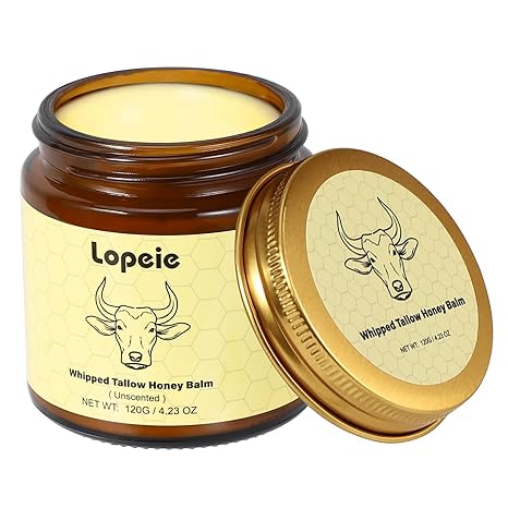 Lopeie Beef Tallow for Skin - Organic Grass Fed Whipped Moisturizer with Honey Balm, Natural Hydrating Cream for Face & Body, Relief for Dry & Sensitive Skin (4.23oz, Unscented) Moisturiser