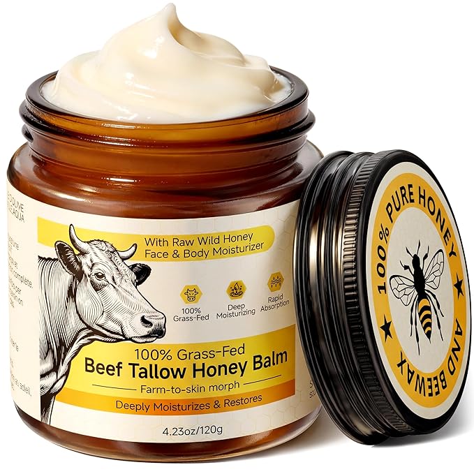 BanDolerA Beef Tallow for Skin & Face, Whipped Tallow and Honey Balm Cream, 100% Grass-Fed Beef Tallow Face Moisturizer with Raw Honey, All Natural Organic Body Lotion Skincare for Women & Men, Unscented 4.2 OZ Moisturiser