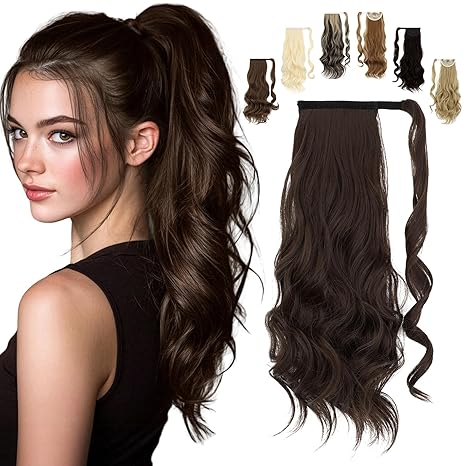 FELENDY FELENDY 20" Ponytail Extension Curly Wavy Clip in Hairpiece Wrap Around Long Pony Tails Hair Extensions Synthetic for Women Medium Brown skincare