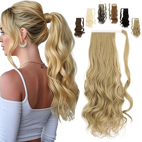 FELENDY FELENDY 20" Ponytail Extension Curly Wavy Clip in Hairpiece Wrap Around Long Pony Tails Hair Extensions Synthetic for Women Ash Blonde skincare