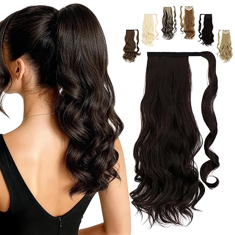 FELENDY FELENDY 20" Ponytail Extension Curly Wavy Clip in Hairpiece Wrap Around Long Pony Tails Hair Extensions Synthetic for Women Dark Brown skincare