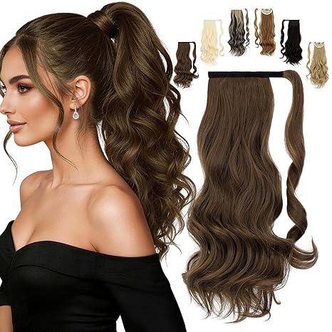 FELENDY FELENDY 20" Ponytail Extension Curly Wavy Clip in Hairpiece Wrap Around Long Pony Tails Hair Extensions Synthetic for Women Light Chestnut Brown skincare