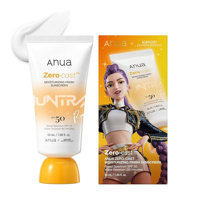 ANUA Anua, Zero-Cast Moisturizing Sunscreen SPF 50, Glow Natural Sunscreen for face, No White Cast, Hyaluronic Acid, Niacinamide, Oil-Free, KPop Demon Hunters, Korean Skincare, 1.69 fl oz Korean Sunscreen