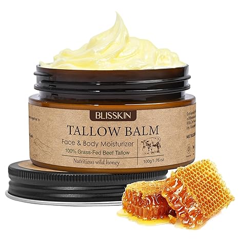 Blisskin Beef Tallow for Skin Face, Tallow Face Moisturizer based supplies tallow and honey balm with Raw Honey Beeswax 100% Organic Grass-Fed Beef Tallow & Raw Wild Honey Blend Natural Formula for Body & Face Moisturiser