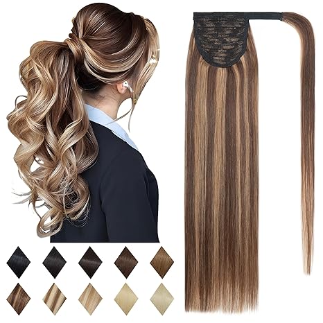 SEGO SEGO Ponytail Extension Human Hair Real Human Hair Clip In Wrap Around Long Straight Ponytail With Magic Paste Pony Hairpieces for Women -20 Inch 95g #4P27 Medium Brown&Dark Blonde skincare