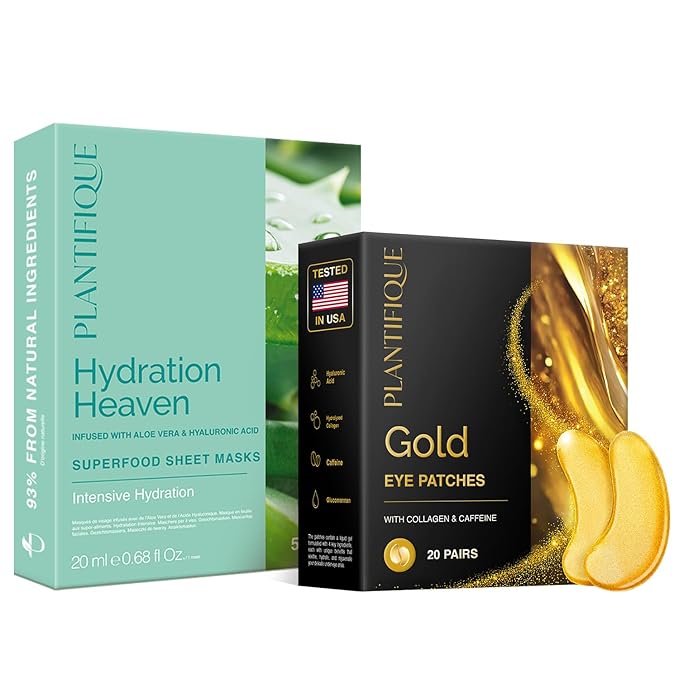PLANTIFIQUE PLANTIFIQUE Facial Sheet Mask Hydration Heaven 5 pack & Gold Eye Patches for Puffy Eyes 20 Pairs Sheet Mask