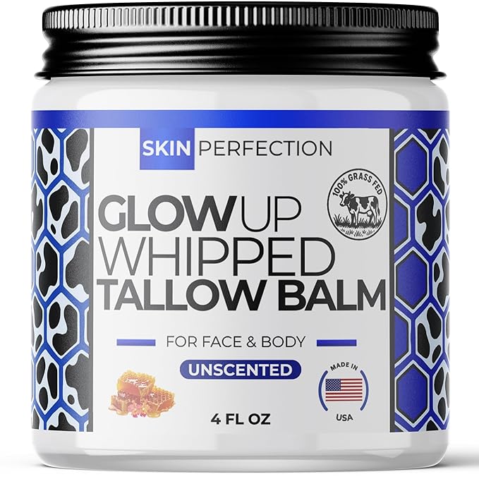 Skin Perfection Skin Perfection Glow Up Whipped Tallow Balm, Unscented Beef Tallow Moisturizer for Face Hands Body, 100% Grass-Fed Manuka Honey, Whipped Texture, 4 oz Moisturiser