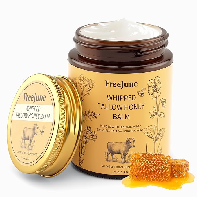 FreeJune Beef Tallow for Skin, Tallow and Honey Balm for Face 5.3 OZ Organic Whipped Moisturizer with Grass Fed - Face & Body Cream for for Nourishing Dry Skin Care, All Natural Hydration (Honey) Moisturiser