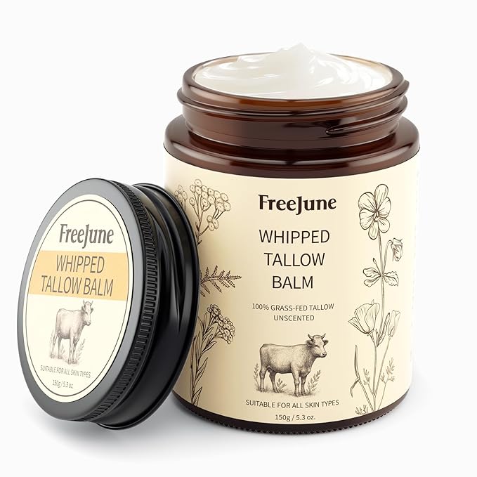 FreeJune Beef Tallow for Skin, 5.3 OZ Organic Whipped Moisturizer with Grass Fed Beef Tallow - Face & Body Cream for Nourishing Dry Skin Care, All Natural Hydration (Unscented) Moisturiser