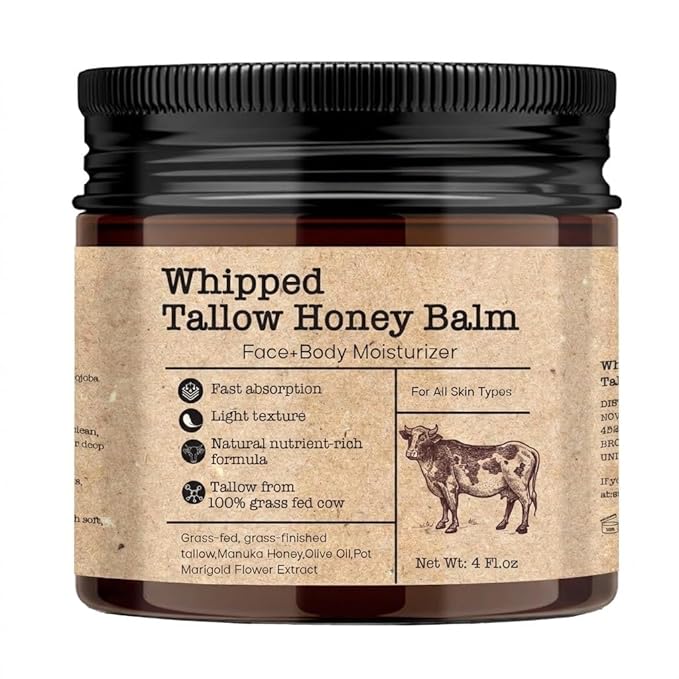 MTGBO Beef Tallow Honey Balm for Sensitive Skin:100% Organic Grass-Fed Vintage Tallow Moisturizer For Face Cracked Hands Non-Greasy Nourishing Cream With Olive Oil - Eczema Safe All Skin Types 4 oz Moisturiser