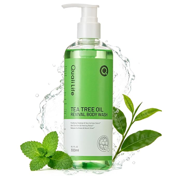 QualiLife Tea Tree Body Wash, Natural Tea Tree Oil Body Cleanser for Antibacterial, Odor-Control & Itchy Skin Relief, Gentle and Refreshing Body Wash for Men and Women, 10.1 Fl Oz Water Cleanser