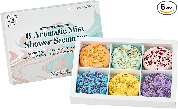 RUBY VIBE CO Aromatic Mist Shower Steamers, 6-Piece Set, 40g Each, Peppermint, Eucalyptus, Sakura, Lemon & Citrus, Rosemary, Lavender, Spa Experience, Essential Oil Infused | RUBY VIBE CO skincare
