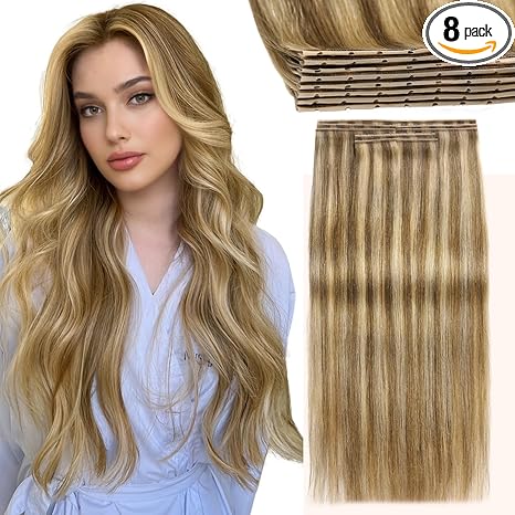 Lady Miranda LADY MIRANDA OVO Double Weft Human Hair Extensions 20 Inch 8Pcs 100g Weft Hair Extensions Human Hair Invisible PU Skin Weft Real Hair Extensions with Micro Beads (Mixed Blonde, 20 Inch) skincare