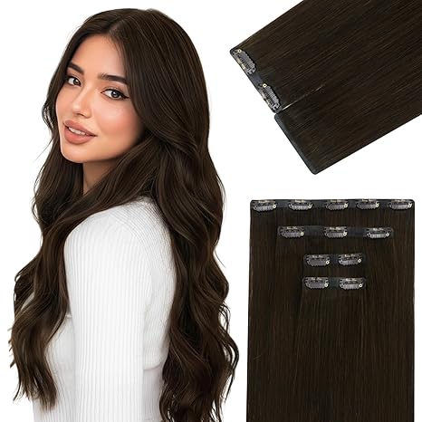 Ve Sunny Ve Sunny Seamless Human Hair Clip in Extensions Medium Dark Brown Invisible Real Human Hair Extensions Clip ins for Thining Hair Scalp Fill ins 4pcs 16 Inch 80g skincare