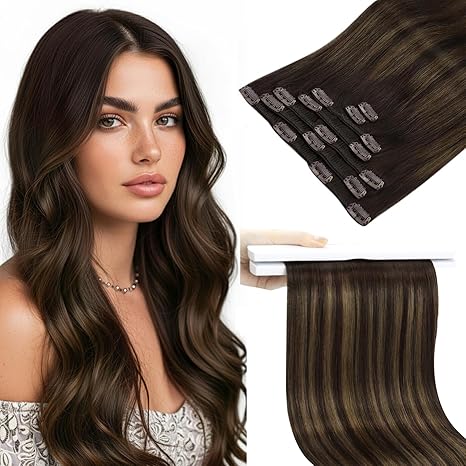 Sunny Hair Sunny Hair Clip in Hair Extensions Real Human Hair 28 Inch 165g Thick Remy Hair Clip in Extensions for Women Dark Brown Balayage Human Hair Extensions Full Head skincare