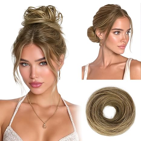 RUWISS RUWISS Small Messy Bun Hair Piece Human Hair, One Hairpiece Two Styles Mini Natural Looking Scrunchies Updo for Daily, Hair Buns for Women Ponytail Extension (Brown with Warm Blonde Highlights) skincare