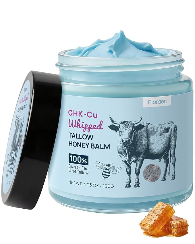 Fioraen 25,000ppm GHK-Cu Copper Peptides Whipped Beef Tallow for Skin, Grass Fed Tallow and Honey Balm with Manuka Honey & Vitamin E, High Potency Anti Aging Face Moisturizer for Firming & Repair 4oz Moisturiser