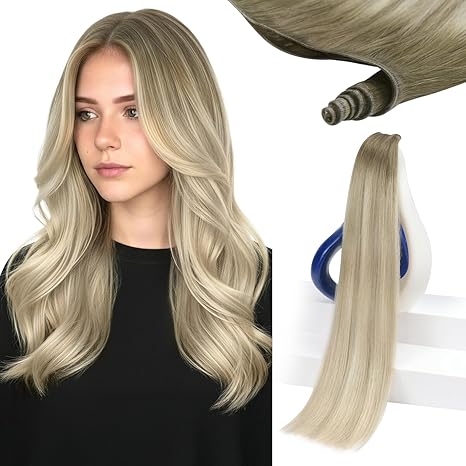Sunny Hair Sunny Hair Genius Weft Human Hair Extensions Ombre Blonde Human Hair Extensions Sew In Hand Tied Genius Weft Extensions Human Hair for Women Ash Blonde Mix Platinum Blonde 16 Inch 50G skincare