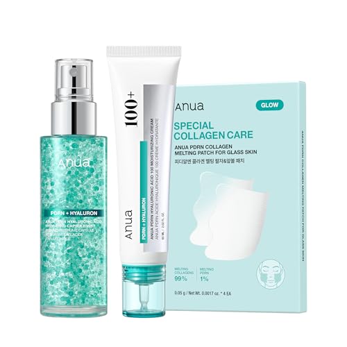 ANUA Anua PDRN Collagen Glass Skin Trio, PDRN Salmon DNA Serum Spray, Collagen Patch Facial Fine Line & Cream, Complete Glow Routine, Face Mist with Special Patch Duo, Korean Skincare Set Korean Serum